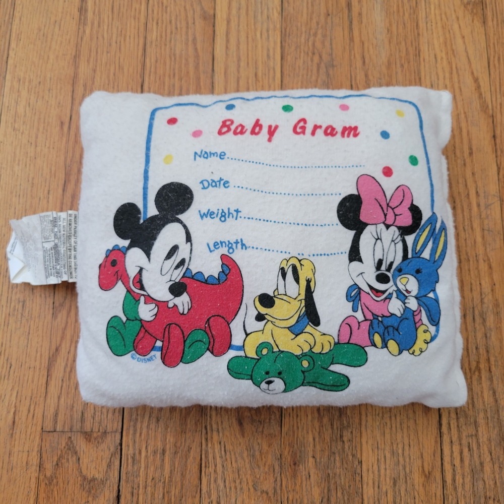 Disney Baby Gram Pillow White Mickey Minnie Pluto Vintage 90s Prop Decor Gift